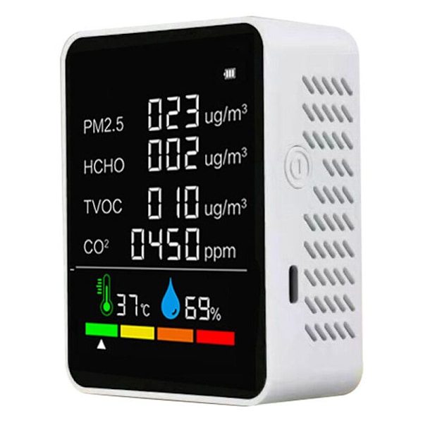 Innenlands luftkvalitetsdetektor Multifunksjonell CO2-tester med karbondioksid PM2.5 TVOC HCHO-verdi HUNTLE MUNITITY Temperaturvisning LCD Farge Relat