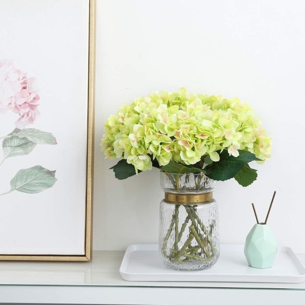5 st konstgjorda hortensior, hortensia bukett, lämplig för bröllop, hem, hotell, festdekoration, blomsterarrangemang（Grön）