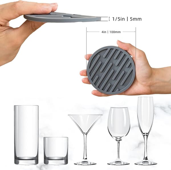 Coasters, 8-pak silikone coasters, drikkeunderlag med stativ, fortykkede drænbare coasters, egnet til kolde drikke, varme drikke (grå)