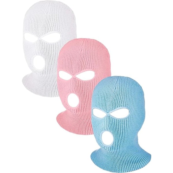 3 Pieces Sports Full Face Balaclavas 3 Holes Winter Outdoor Knitted Face Cover Ski Balaclava (White, Pink, Sky Blue, Adult)