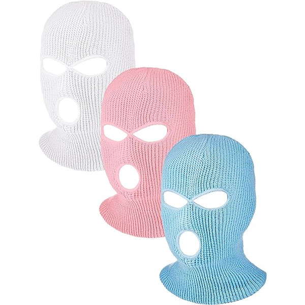 3 st sportbalaclavor i fullface med 3 hål, vinter utomhus stickad ansiktsmask skidbalaclava (vit, rosa, himmelsblå, vuxen)