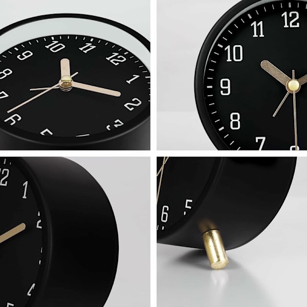 Klassisk sort metal moderne lydløs analog alarmur med simpelt dekorativt lys til soveværelsesseng 11cm