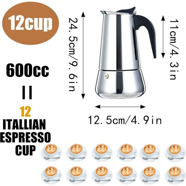 Italiensk kaffetrakter, 6, 9, 12 kopper rustfritt stål Moka kaffetrakter kompatibel med alle koketopper - 600ml - 12 kopper