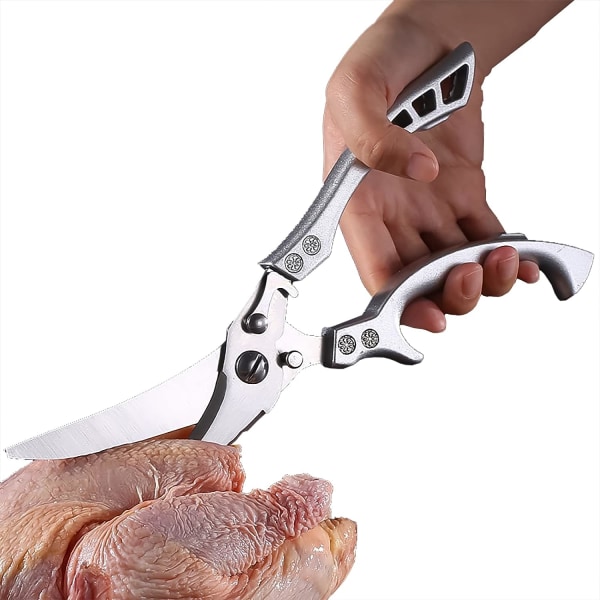 Metalkøkkensakse, skarpe rustfrie stålbensakse med sikkerhedslås og fjedermekanisme til at skære kød, kyllingeben, fisk og v