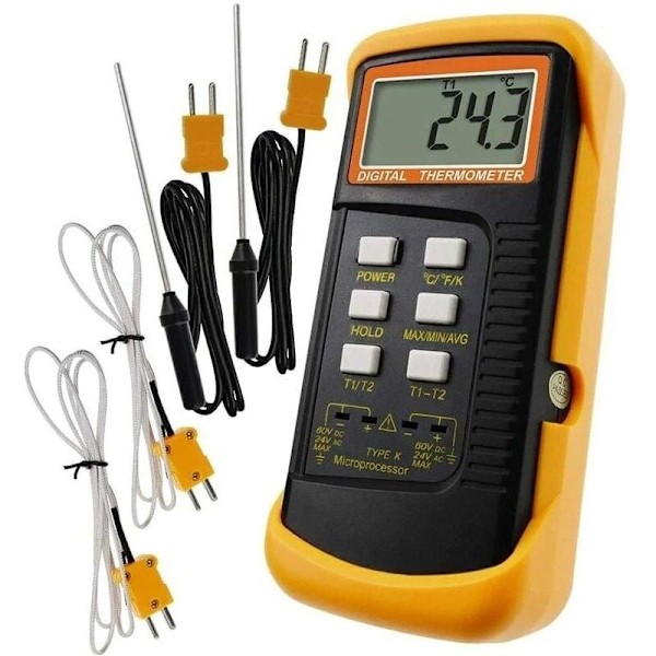Type K termometer med termoelement sensor 1300 °C (kablet og rustfrit stål) (°C, °F og K med 4 termoelementer)
