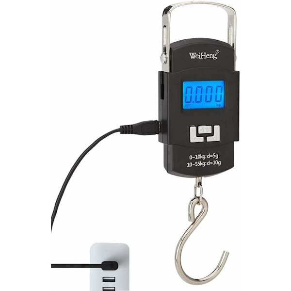 Elektronisk reisebagasjevekt, 55 kg oppladbar bærbar elektronisk vekt, LCD-bagasjevekt med uttrekkbart oppbevaringshåndtak, konvertering av flere enheter