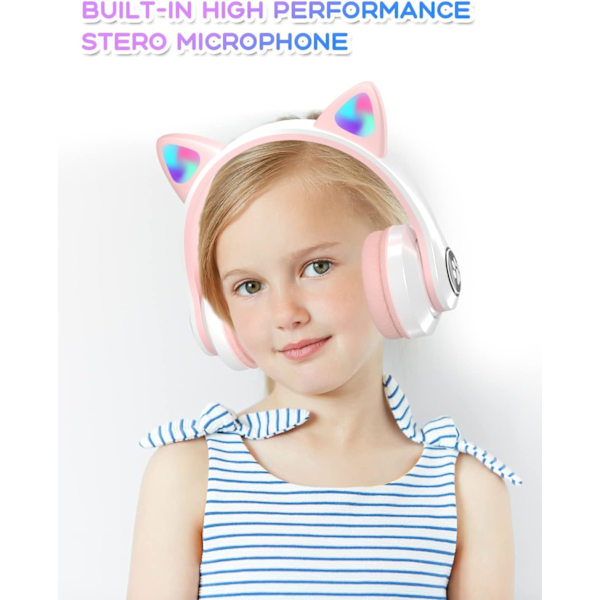 Bluetooth børnehovedtelefoner med HD-mikrofon/LED-lys (lyserød), 85 dB lydstyrkebegrænsede børneøretelefoner, stereolyd børnehovedtelefoner til smartphone, iPa