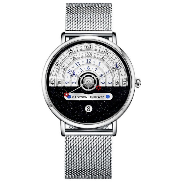 Herre Unik Fashion Stjerne Måne Koncept Quartz Analog Ur Kreativ Halv Roulette Tidsvisning Ur Rustfrit Stål Mesh Bælte Ur(sølv)