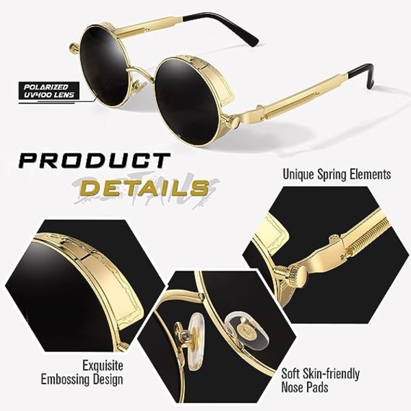 Vintage gullgrå runde polariserte steampunk-solbriller for menn og