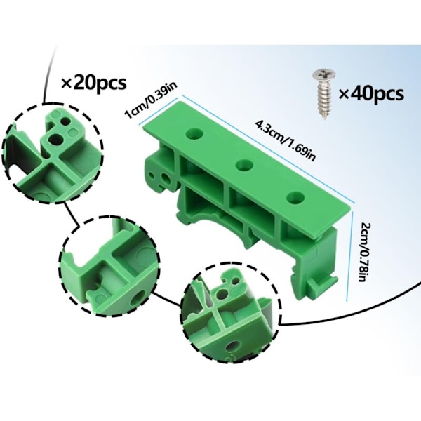 20 stycken (10 set) Adapterkit för DIN-skena, monteringsstöd för tryckt kretskort, monteringsadapter på PCB DIN-skena, monteringsstödklämma med 40 skruvar