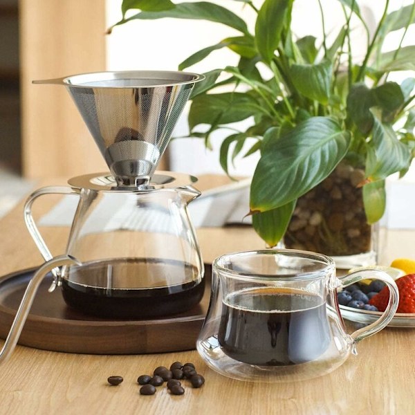 Dobbelt filterkop i rustfrit stål (medium base, kaffemaskine ikke inkluderet), papirfrit anti-rust filter, manuelt filter, glas dryp kaffemaskine, co