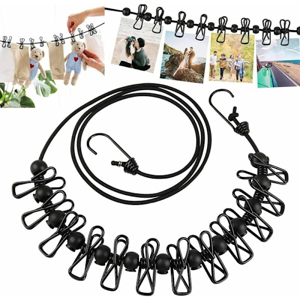 Udendørs vasketøj, linned reb, spændetråd til udendørs rejser og ferieture med 12 clips semi-coat holder 180-340cm justerbar med 12 tang (sort)
