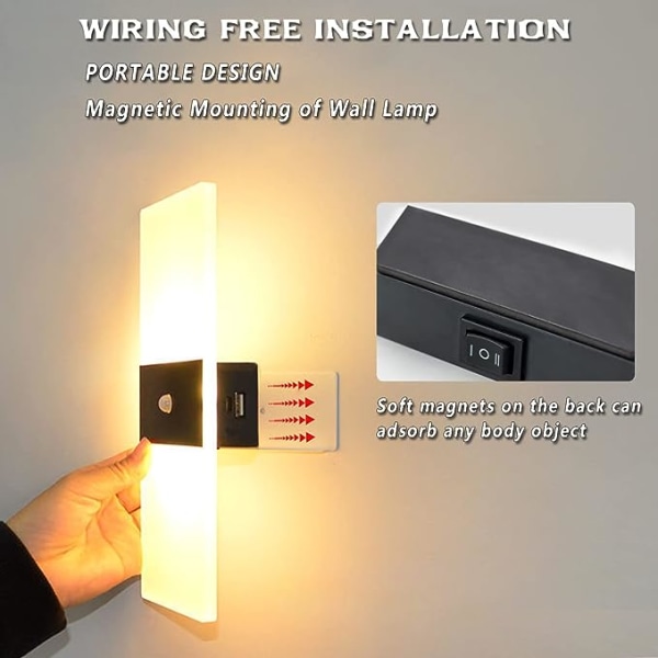 LED-vägglampa med rörelsesensor inomhus, vägglampa batteridriven nattlampa USB-laddningsbar batteriakryl rörelsesensorljus väggbelysning,