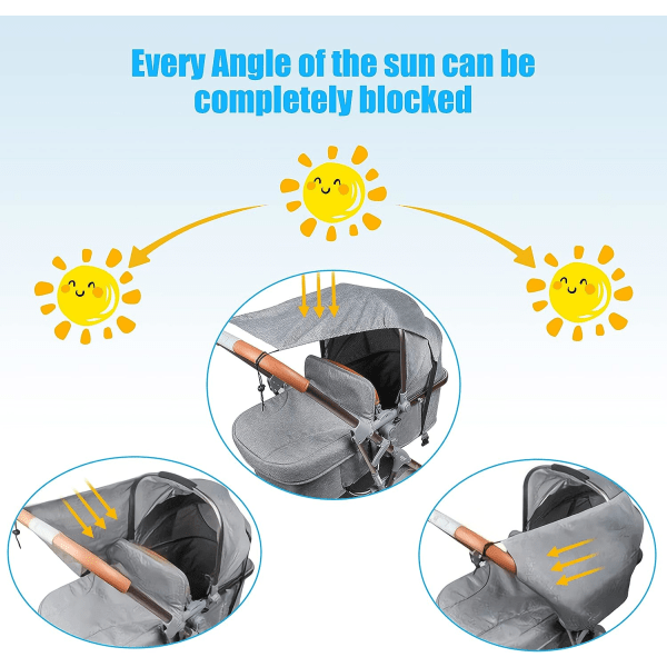 Solskærm, med UV-beskyttelsesdæksel 50+(Grå) Vandtæt Regnfast, Baby Barnevogn Solskærm til Klapvogn, Buggy, Barnevogn og Bæresele