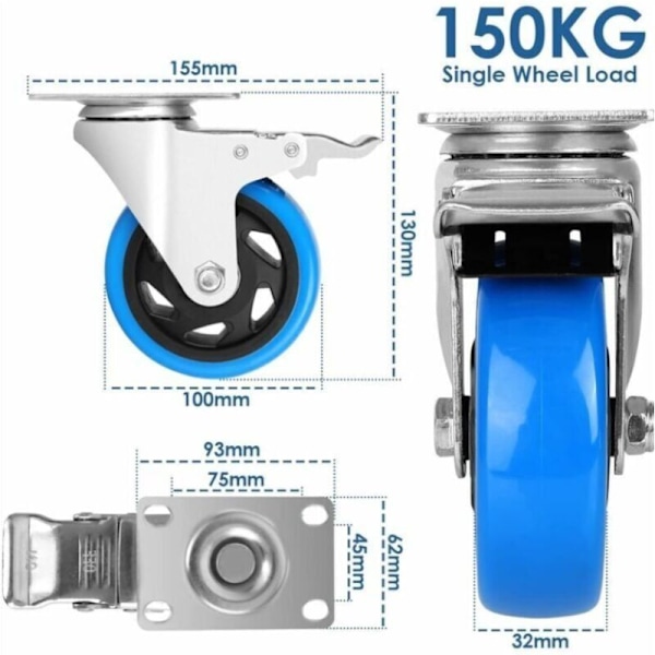 4 kpl pyöriviä pyöriä, 100 mm huonekalupyörät, jopa 600 kg, raskaat pyörät jarrulla, 360° pyöriminen, kumipyörät, ei jälkiä lattiaan