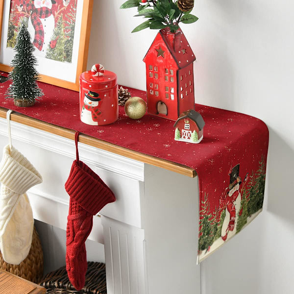 Rød snemand og fuglemønster bordløber vaskbar moderne vinter køkken spisebord dekoration 33*178cm