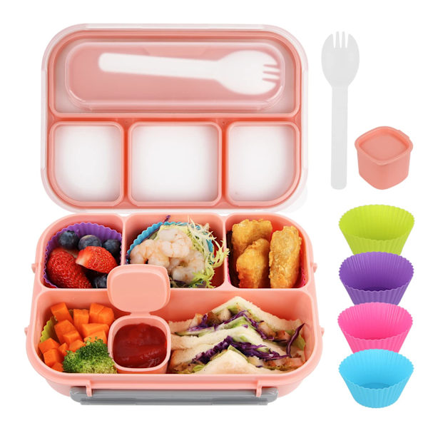 Bento Lunsjboks, Bærbar Lunsjboks for Barn, Tegneserie Fruktgaffel Sausboks Lunsjsett for Barn, Passer for Voksne/Studenter, 1300ML - 6 Rom (Rosa)