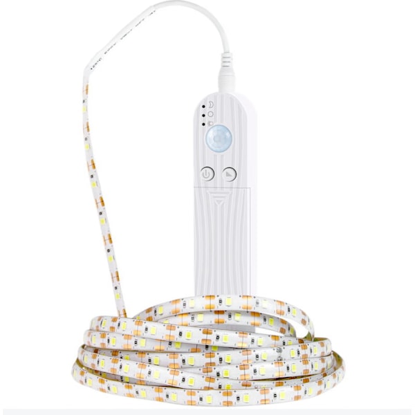 LED-stripe med bevegelsessensor, 2m batteridrevet LED-stripe med IR-fjernkontroll, 3500K, varm hvit, for belysning av soverom, garderober og trappeoppgang