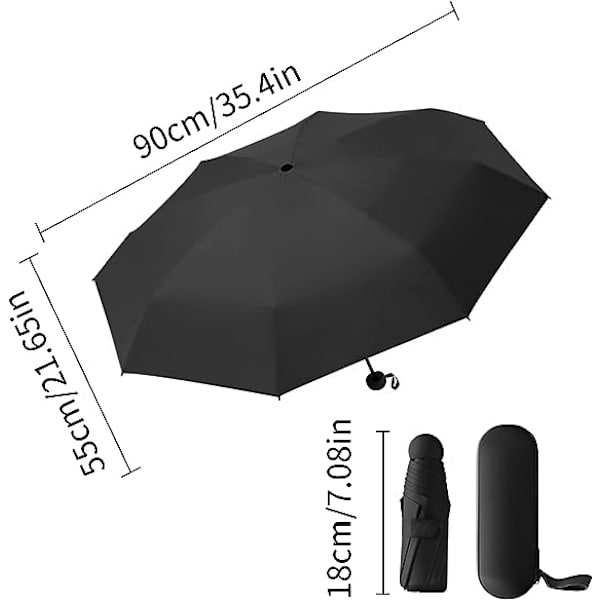 Taitettava matkavarjo (musta), 6-puolainen mini-sateenvarjo kapselikotelolla, pieni UV-sateenvarjo, mini-UV-kestävä sateenvarjo, nopea kuivuminen ja erittäin kevyt