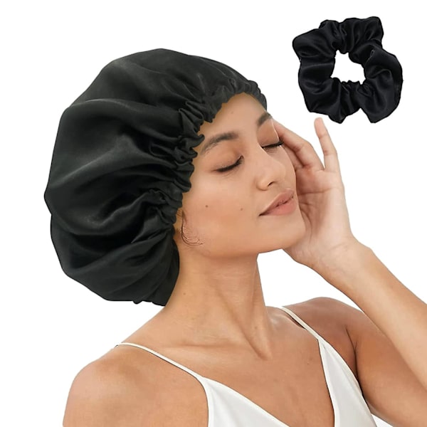 1 stk. SORT Satin Bonnet Silke Bonnet Til Søvn Hår Bonnetter Til Kvinder Silke Hår Wrap