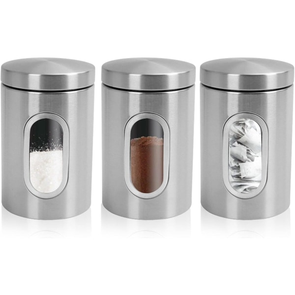 3- set köksburksats matförvaringsbehållare med set i rostfritt stål kaffe te sockerburk ergonomisk matbehållare med fönsterburk