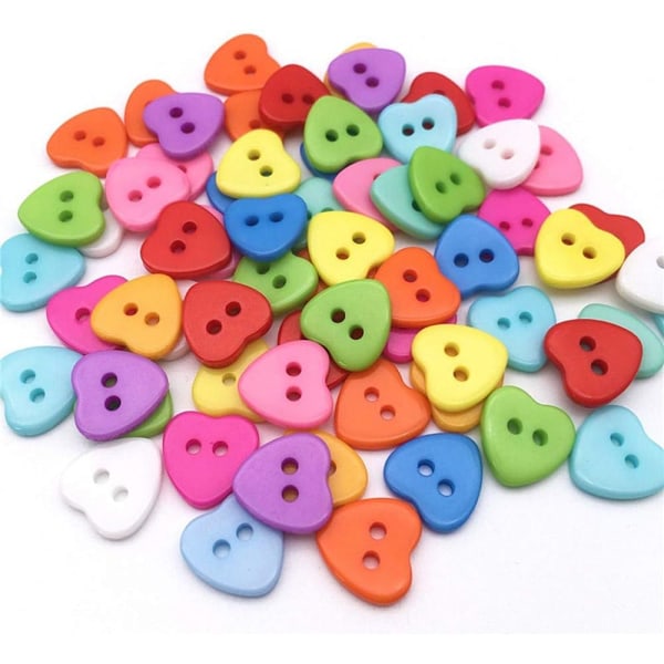 100 2-håls knappar hjärtformade knappar (slumpmässig färg), hartssydda