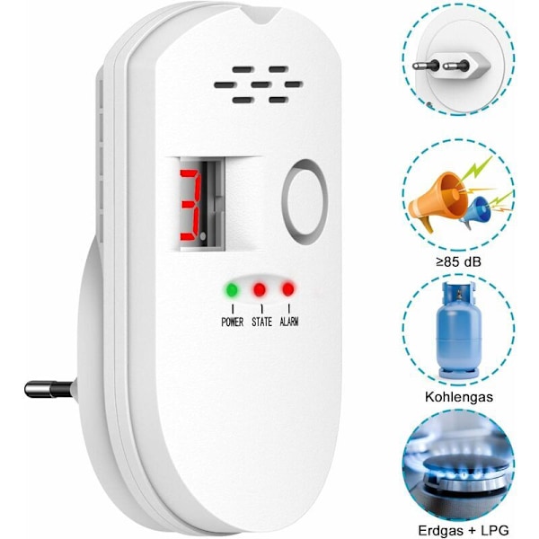 Gasdetektor 85 db bygas naturgas LPG PROPANE GPL GAS ALARMER ENCHABLE Gasalarm med blinkende lysalarm og digitalt display til huset, th