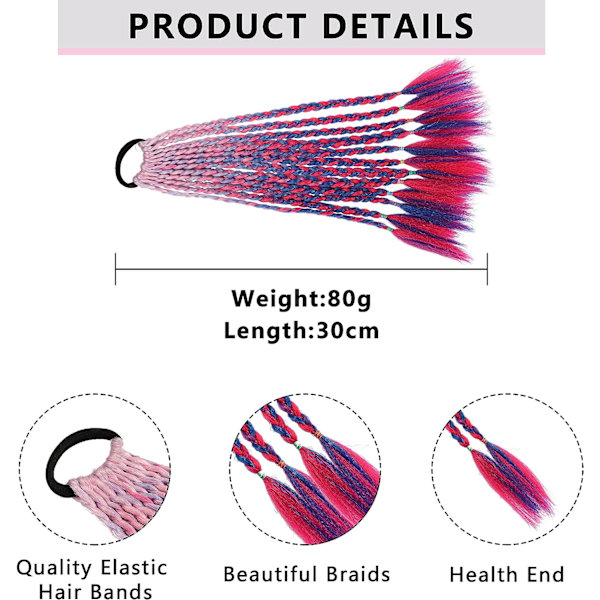 Färgglada flätor för barn - Hårförlängningar med färgglada accessoarer och elastiskt gummiband för barn och kvinnor - 3 stycken