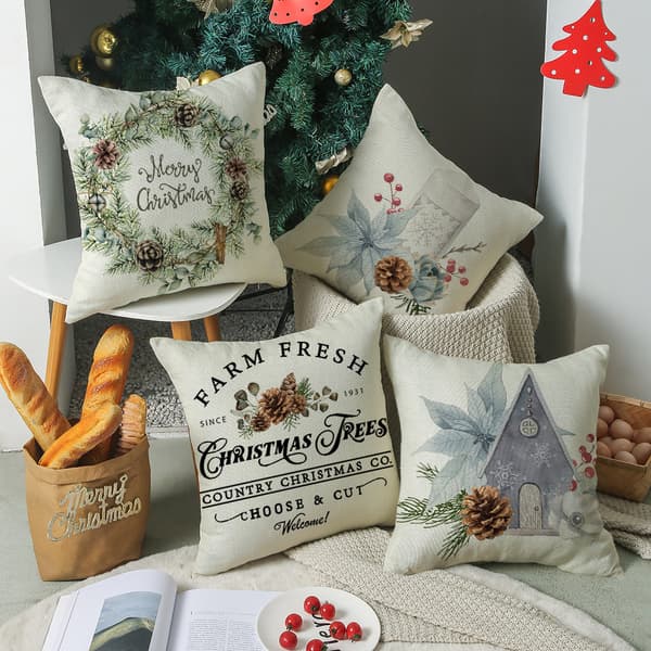 Glædelig Jul Trækrans Pudebetræk, 18\" x 18\", Julepudebetræk, Dekorativt Sofabetræk, Sofabetræk, Sæt med 4