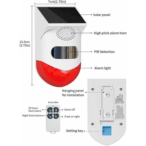 Solcellsdriven Stroboskopisk Larmlampa med Rörelsesensor Utomhuslarmsiren med Fjärrkontroll 120dB Hög Säkerhetssiren IP67 Vattentät och 4 Lägen för Hem, Fa