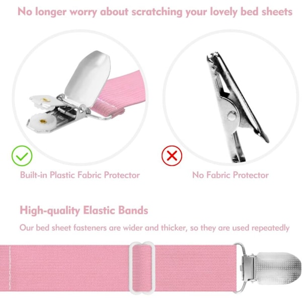 Sæt med 4 pink lagenfiksérstropper, 3-vejs justerbare lagenfiksértænger, stropper, elastiske trekantede tænger til fastgørelse af lagner på madrasser