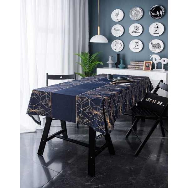 Blå rektangulær fløyelsduk, gullgrafisk trykk polyesterduk Restaurantduk, juleduk, 140x200cm