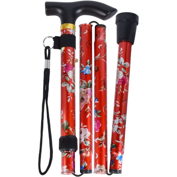 Röd - 1-delad hopfällbar käpp, blommig aluminiumkäpp, justerbar lätt bärbar vandringsstav med ergonomiskt halkfritt handtag, S