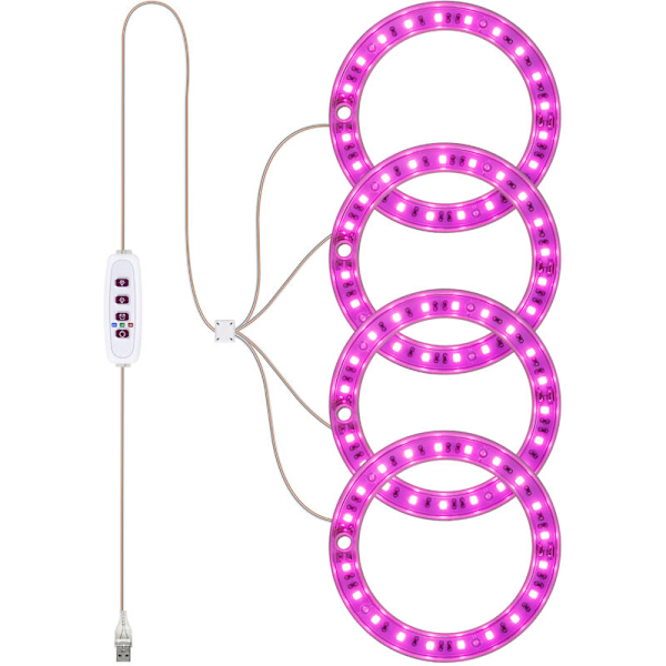 Täyden spektrin LED-kasvilamppu 20 LEDillä, ajastin 8h/12h/16h, 5 säädettävää voimakkuustasoa, USB-rengaslamppu mehikasveille
