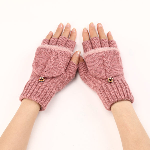 Korte flip-up uld fingerless handsker til kvinder, varme og moderigtige strikkede halvfinger ærmer (pink)