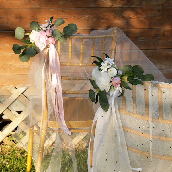 Rosa 6-pak bryllupsgangdekorasjoner for kirkestoler, seter, sløyfer for bryllup, seremonier, fester dekorert med kunstige eukalyptusblomster