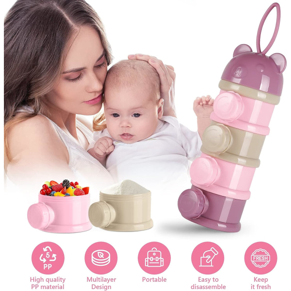 Doseringspump för mjölkpulver, doseringspump för baby, bärbar pulverdispenser med 4 fack och pip, stapelbara behållare, lämplig för snacks, mjölkpulver