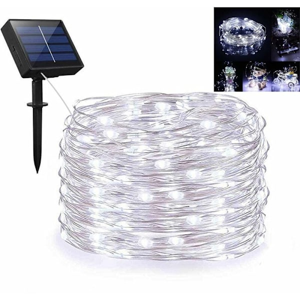 Utomhus solcellsslinga med 100 LED-lampor, 10 meter silverkoppartråd, 8 vattentäta lägen (kallvitt)