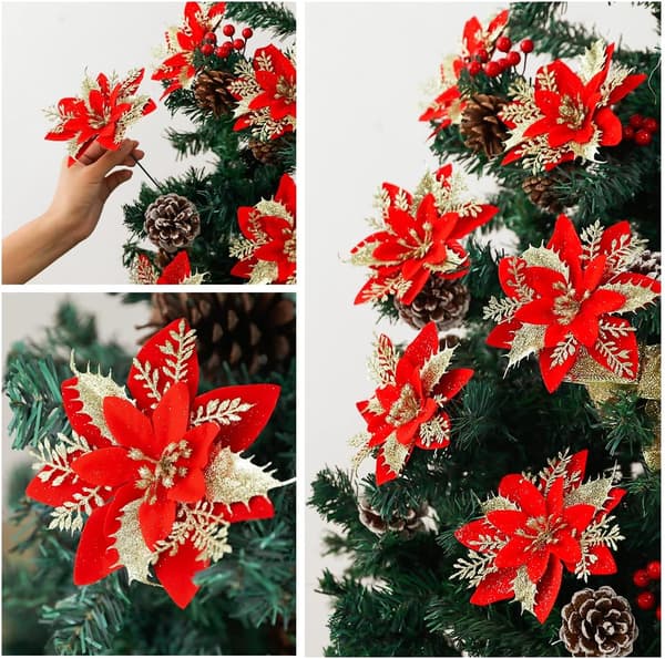 1 x Julekule, Kunstig Blomsterhode, Rød Glitterkule til Juletrepynt (Rød)