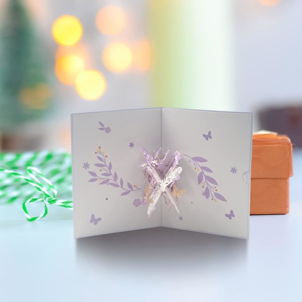 3D-avautuva onnittelukortti, kukka-perhoskortti, äitienpäiväkortti, vuosipäiväkortti, syntymäpäiväkortti, häälahja (violetti)