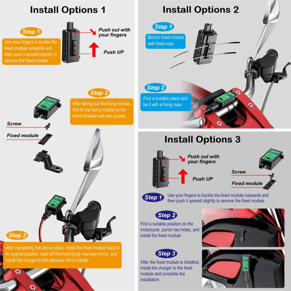 4.8A motorsykkel USB-telefonlader, SAE til USB-adapter med voltmeter og av/på-bryter, dobbelport hurtiglading 3 strømalternativer