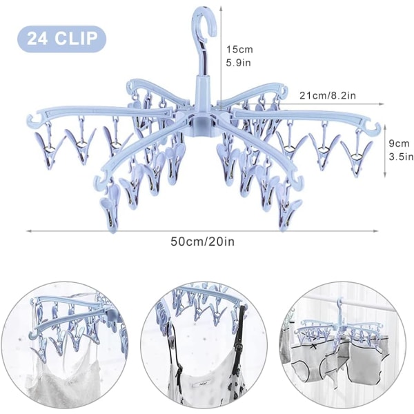 Indendørs og udendørs tørrestativ til tøj, 24 klemmer sammenklappeligt hængende tørrestativ til tøj, roterende tørrestativ til sokker, til stofbleer, bh'er, håndklæde, undertøj
