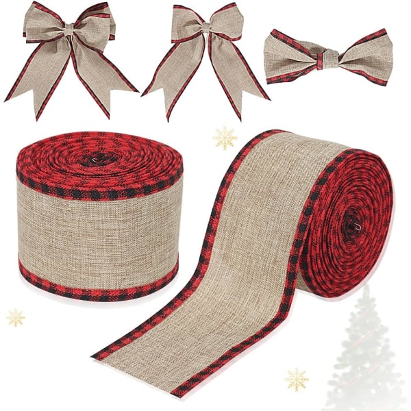 2 Rolls Christmas Buffalo Plaid Wired Edge Ribbons Natural Wrappi