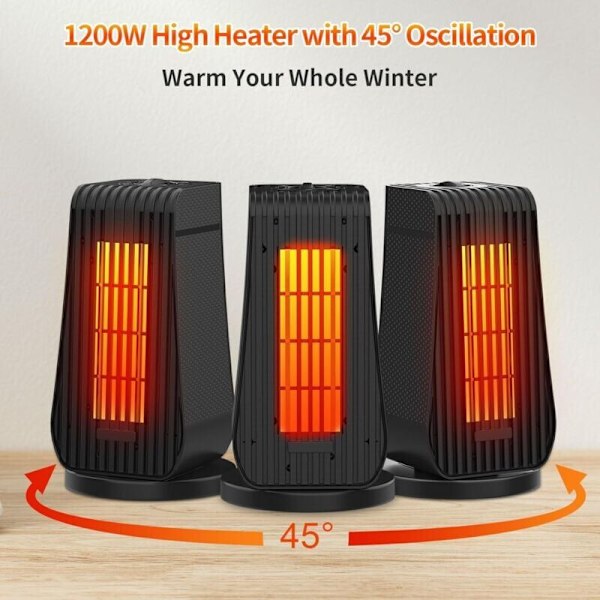 1200W Kannettava Puhallinlämmitin 3s Nopea Lämmitys PTC Mini Lämmittimet 3 Lämmitystilaa Säädettävä Tuuletin Ylikuumenemissuoja Sähkölämmittimet (Musta)