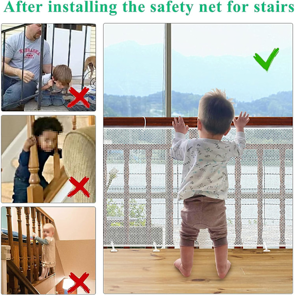 Säkerhetsnät för barn, vitt 300Lx90H CM, balkongskydd och trappskydd, robust justerbart trappstaket för katter och leksaker