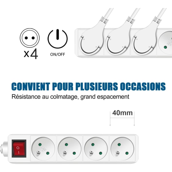 4 Socket Power Strip med Flat Plug Switch, 4 Socket Block, 1,5m