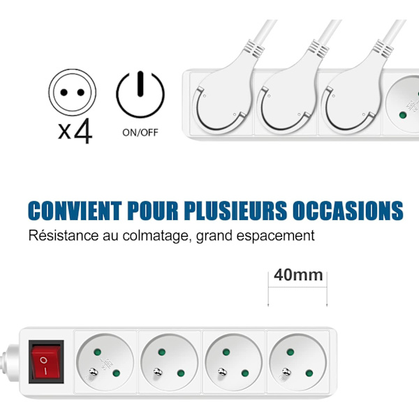 4-veis stikkontakt med flat pluggbryter, 4-veis stikkontakt, 1,5 m 230 V forlengelsesledning med barnesikring