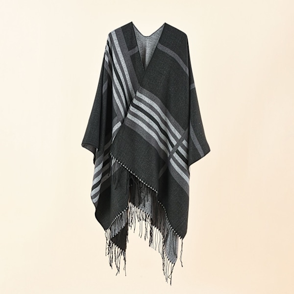 Damekapper, Cape Style Efterårstøj, Frontåben Boho Buffalo Uld Cardigan, Oversized Ternet Cape Sweater med Frynser, Sort - Striber
