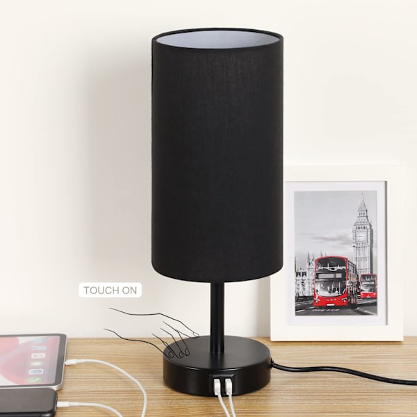 Nattbordslampe med USB-port - For stue, barnerom, studentbolig, kontor, svart skjerm