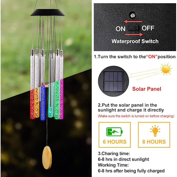 Utomhus solcells vindspel, 6 LED-rör färgförändrande utomhusgap Unik trädgårdsdekoration Färgglad uteplats, Present till henne/honom (37 tum lång)